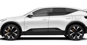 Side view of Polestar 3, featuring sleek design, large wheels, and distinctive black accents.