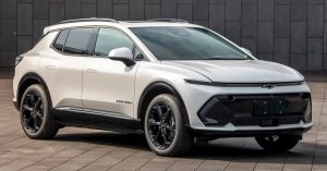 The Chevrolet Equinox EV is shown from a front-side angle, featuring black wheels and a sleek design.