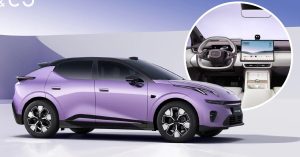 Side view of a purple Lynk & Co 02 with distinctive wheels and sleek design.