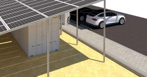 A white electric vehicle parked under a solar panel structure, with charging port visible.