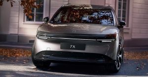 Front view of Zeekr 7X, showcasing sleek design, LED headlights, and distinctive grille.