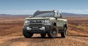 Front angle view of a Chery Stockman, featuring rugged tires and a prominent grille.