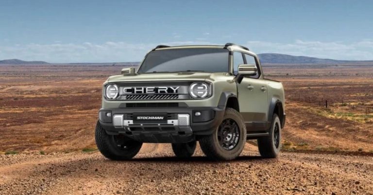 Front angle view of a Chery Stockman, featuring rugged tires and a prominent grille.